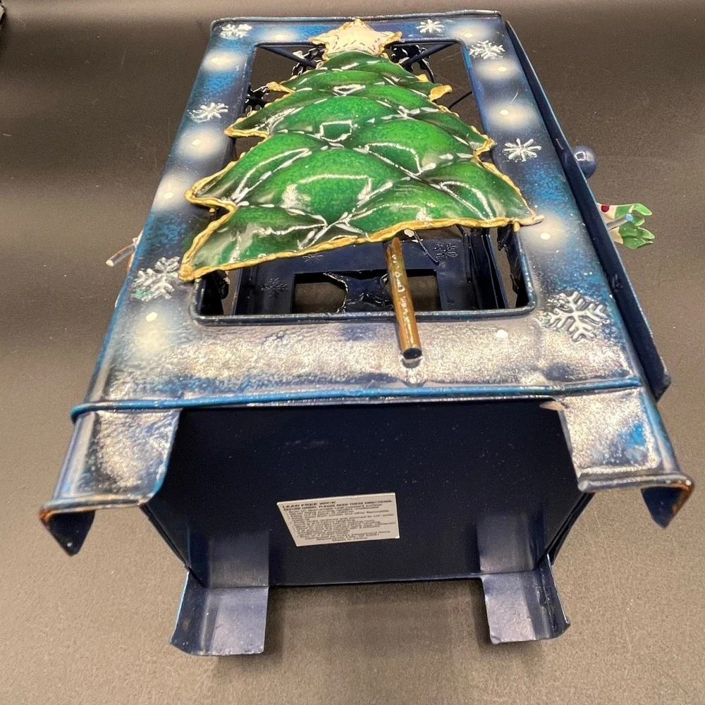 Blue Metal Christmas Lantern Snowman and Tree Holiday Tea Light Holder 11x4.5